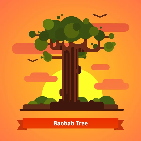 Baobab árbol noche puesta del sol escena — Archivo Imágenes Vectoriales