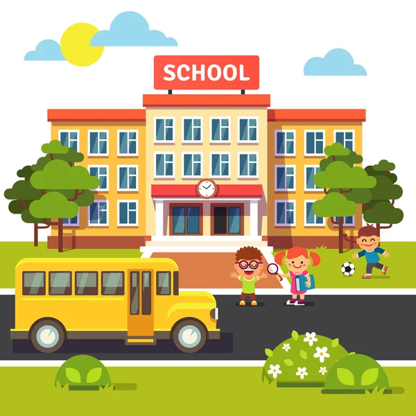 Edificio escolar, autobús y estudiantes niños — Vector de stock