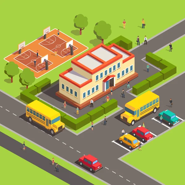 Isometric school building with people — ストックベクタ