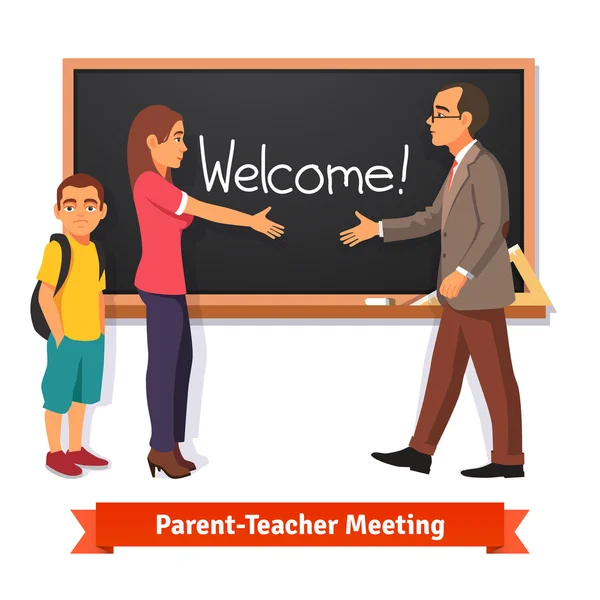 Teacher and parent meeting in classroom — 스톡 벡터