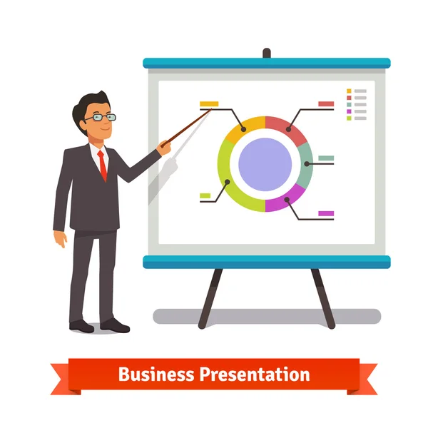 Бизнесмен делает презентацию, объясняя диаграммы — стоковый вектор