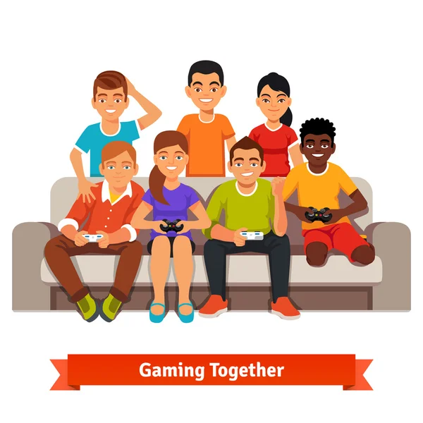 Amigos teniendo una fiesta de videojuegos — Vector de stock