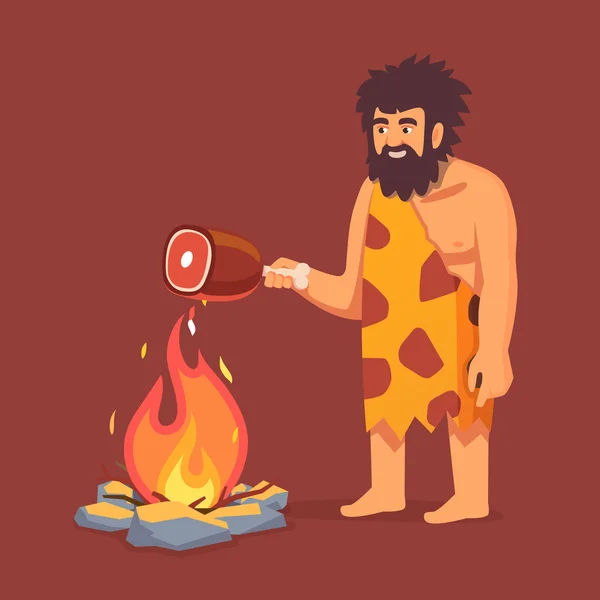 Edad de piedra hombre cocinar carne — Vector de stock