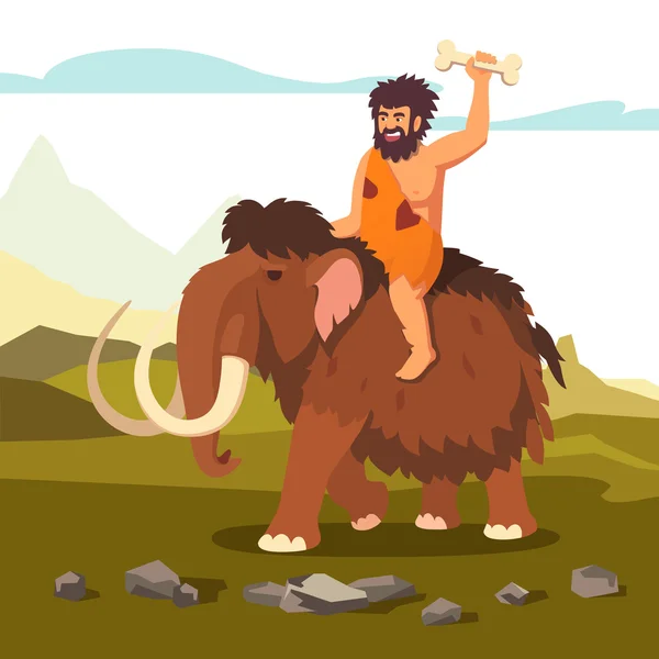 Hombre montando mamut y saludando con hueso — Vector de stock