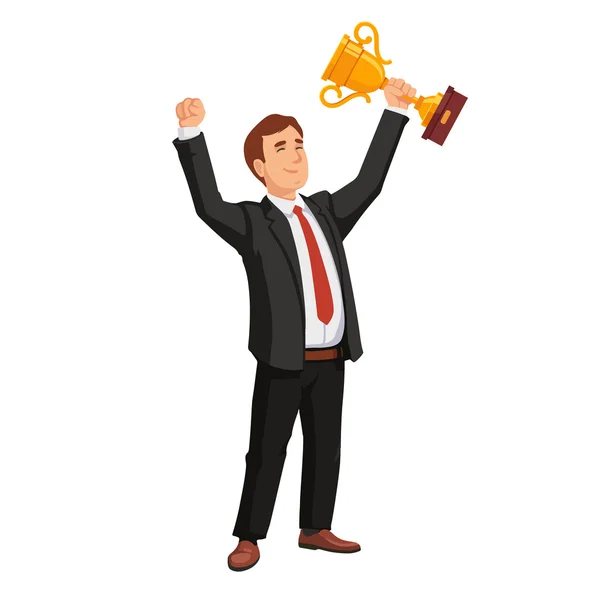 Celebrating businessman holding winner cup — Stock Vector