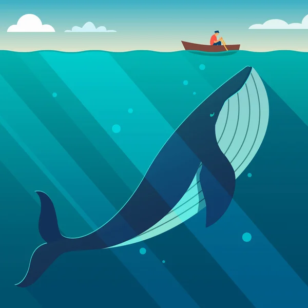 Ballena bajo el pequeño barco — Vector de stock