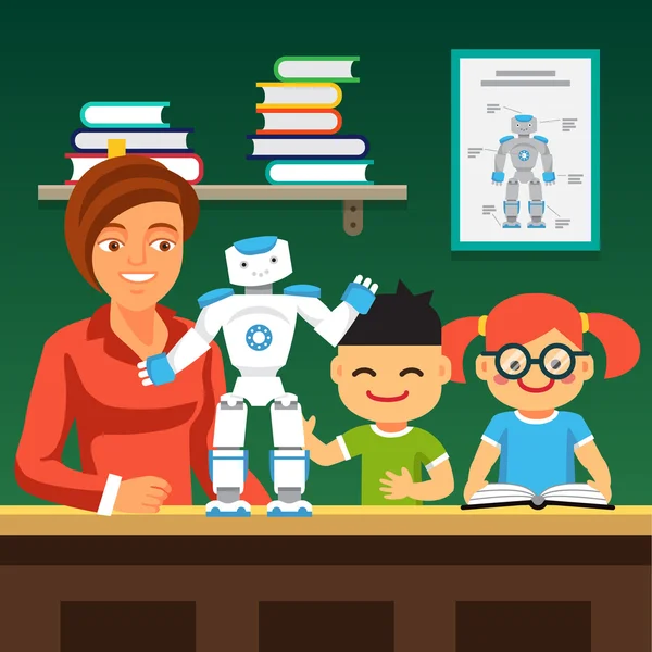 Young course students learning robotics — Stock Vector