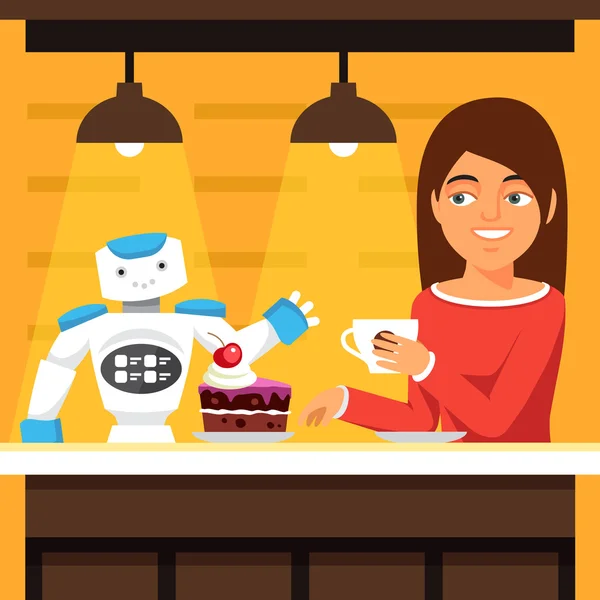 Robot waiter serving coffee and cake — 스톡 벡터