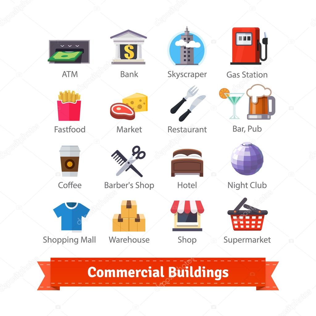 Commercial buildings colourful icon set