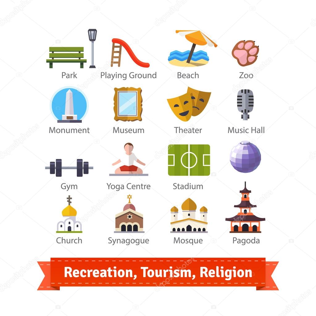 sport and religion buildings icon set