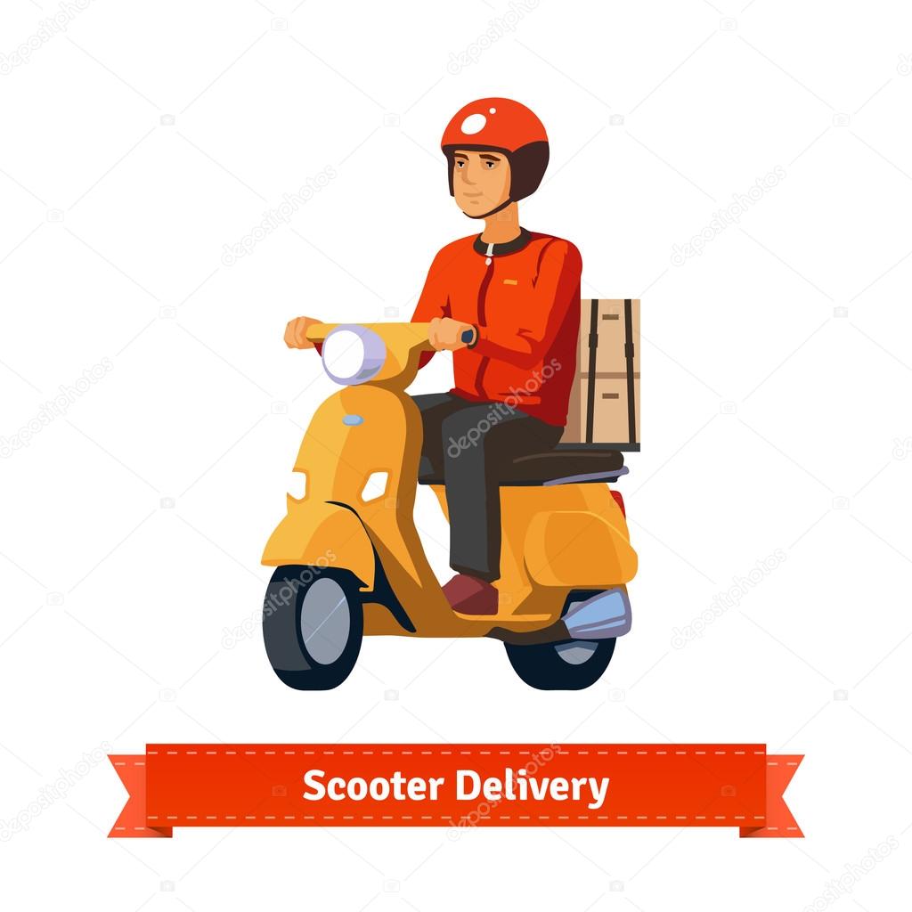Young man on scooter delivering packages