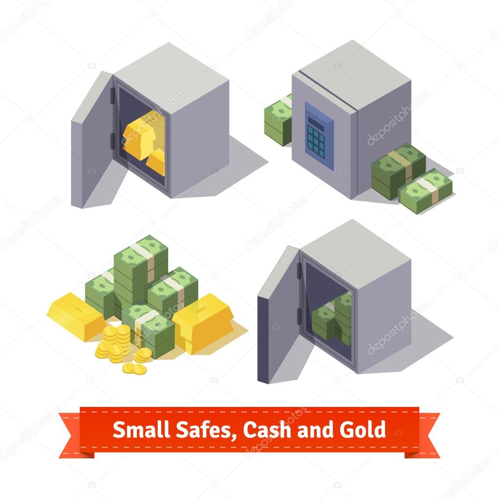 Small safes with gold bars, cash