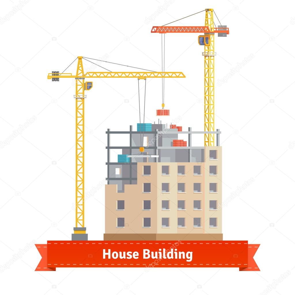 Construction of tenement house with cranes