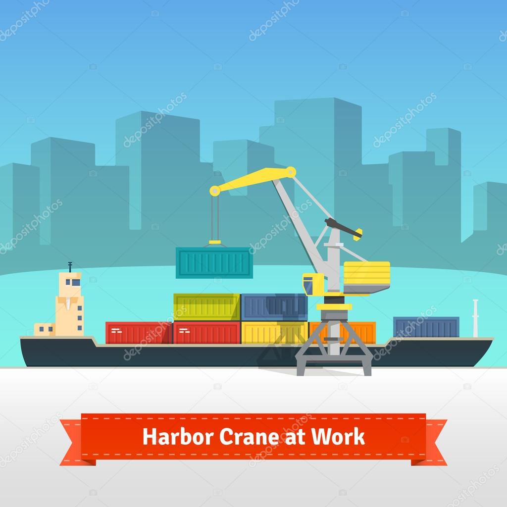 Container cargo ship loaded by crane