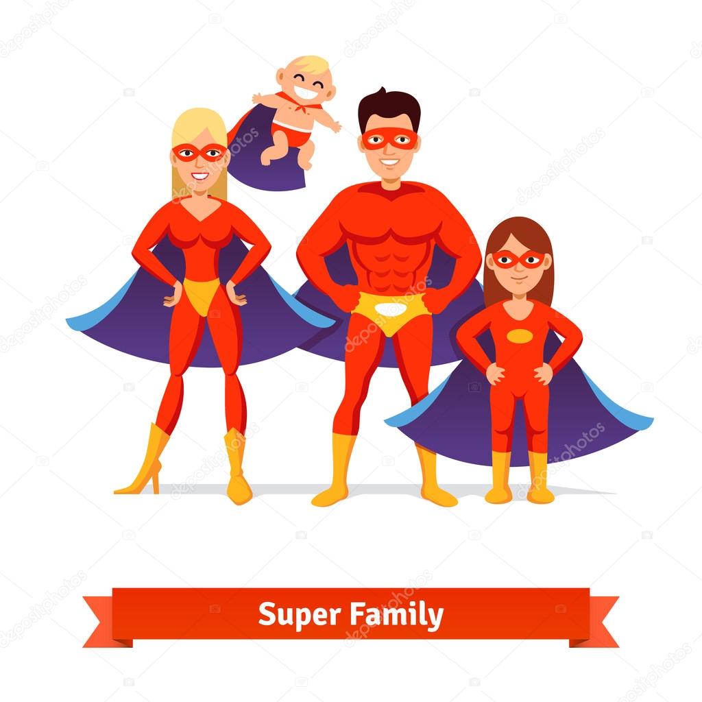Superhero father, mother, daughter, baby