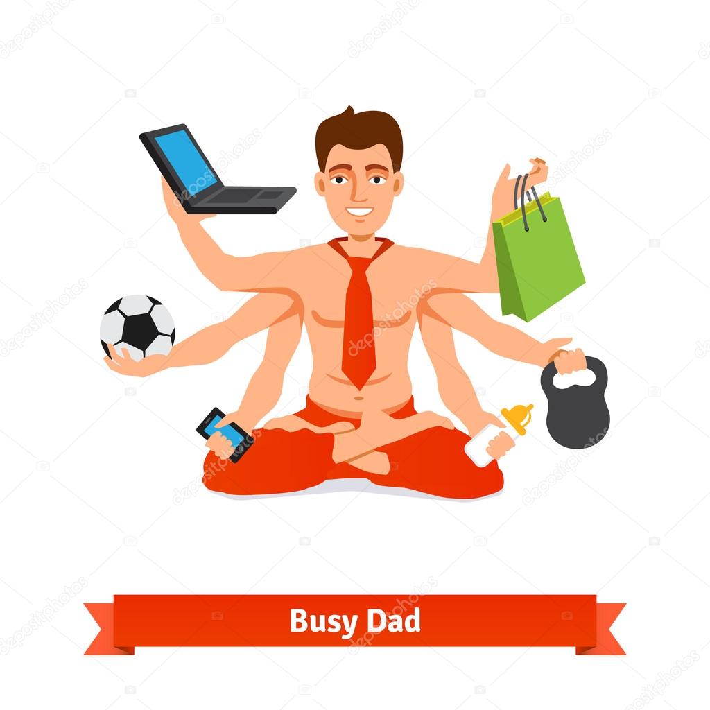 Busy multitasking man and father concept