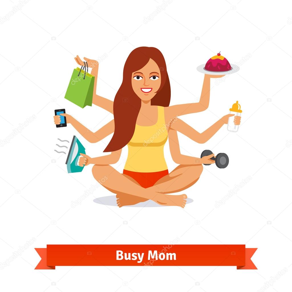 Busy multitasking woman and mom concept
