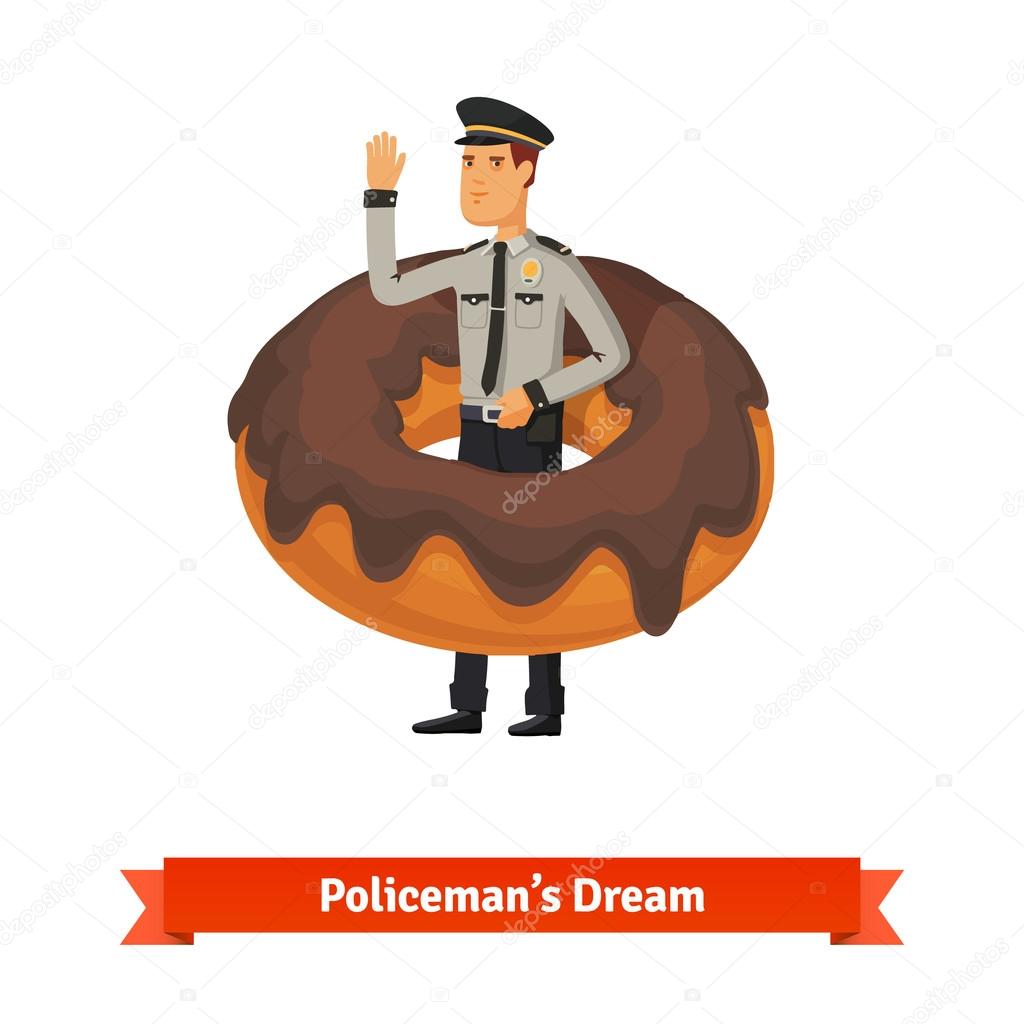 Cartoon policeman in donut dream concept
