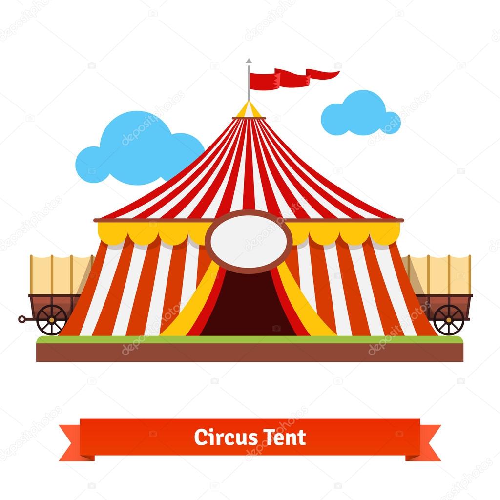 Open circus tent with wagon wheel