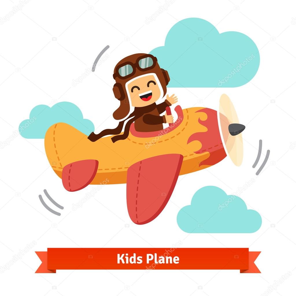 Happy smiling kid flying plane
