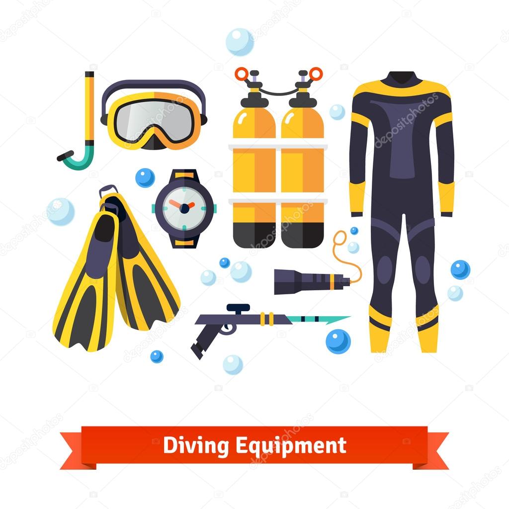 Diving equipment icons set