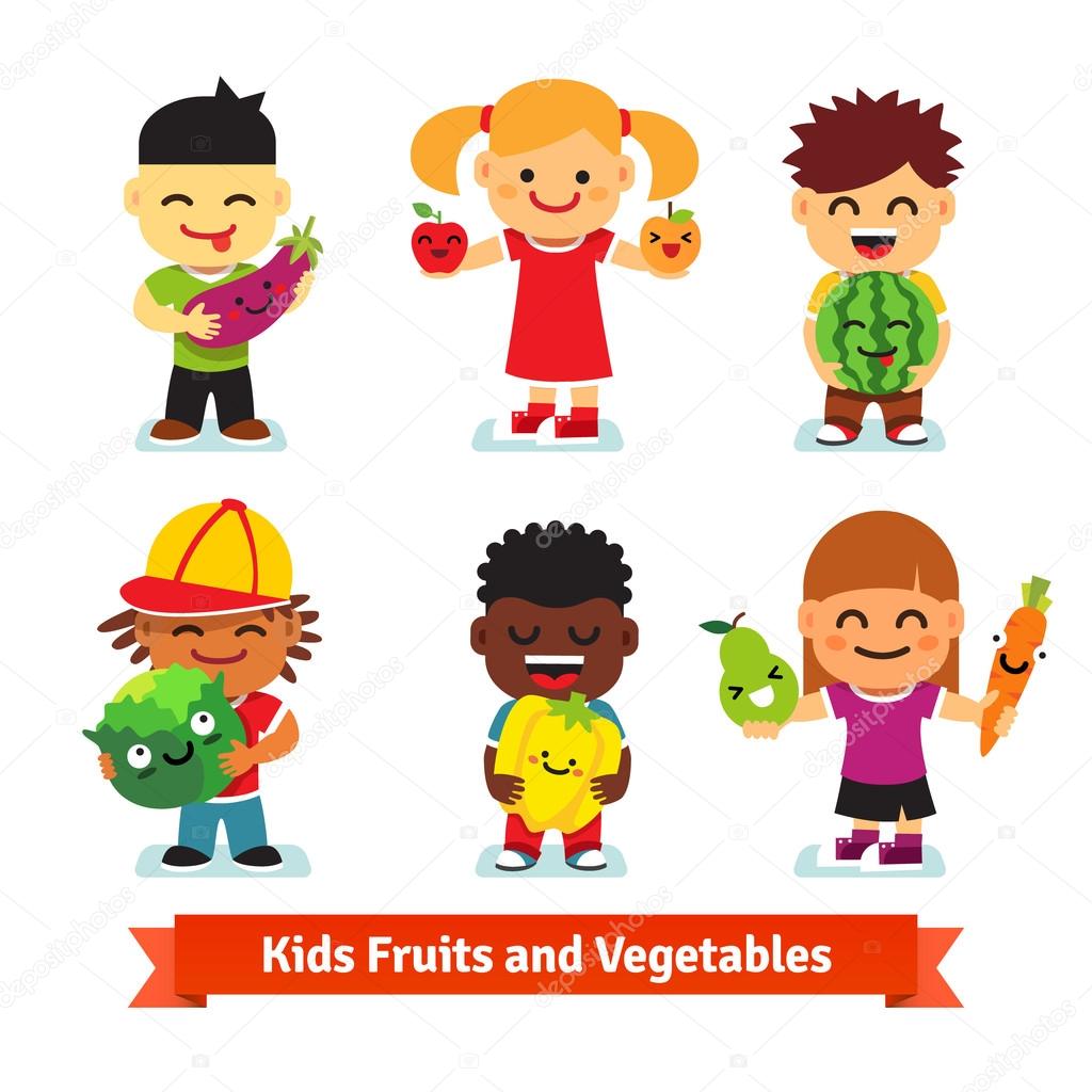 Happy kids holding fruits and vegetables