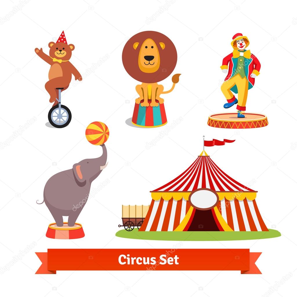 Circus animals, bear, lion, elephant