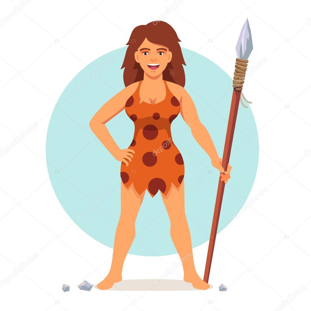 Stone age woman  with wooden spear.