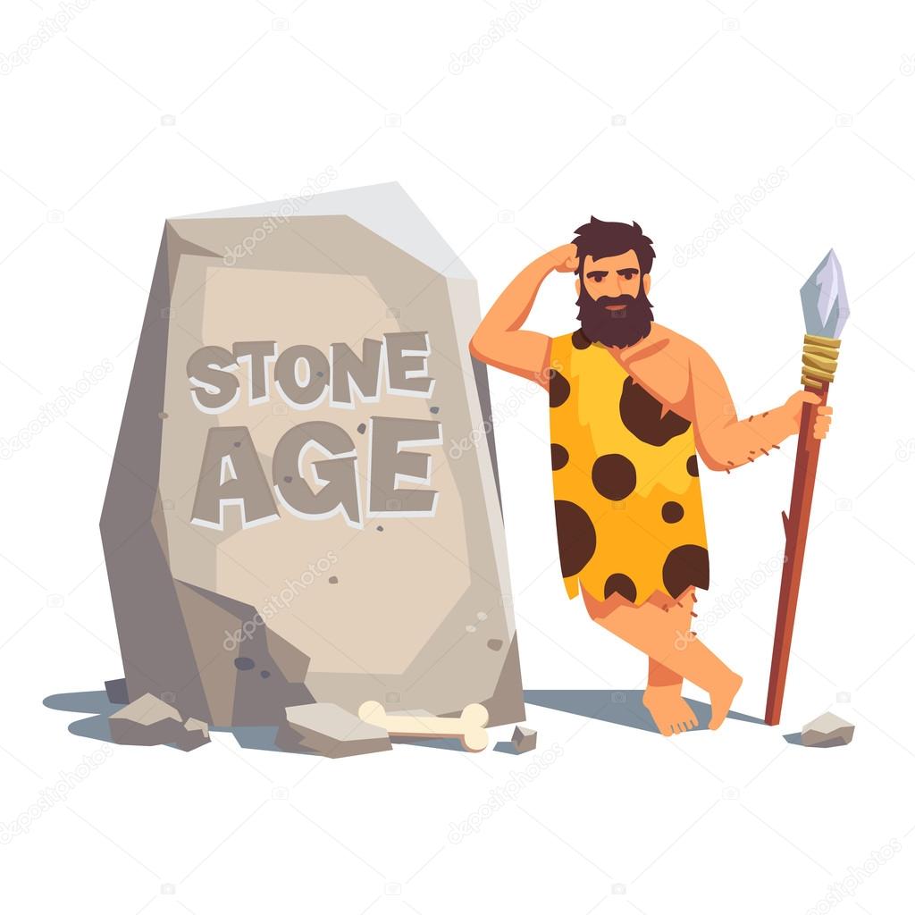 Stone age engraving on a big tablet rock with leaning caveman. Flat style vector illustration isolated on white background.