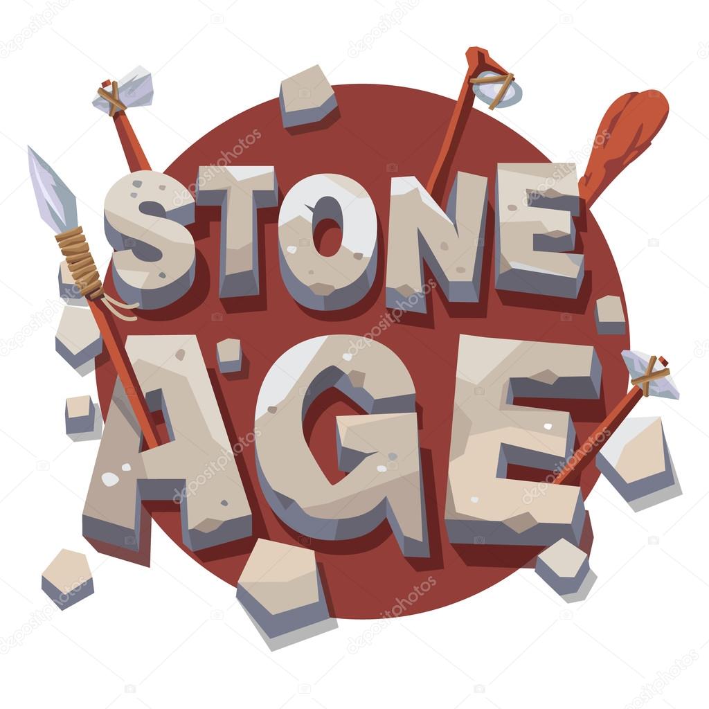 Stone age writing with prehistoric wooden tools. 3d letters. Flat style vector illustration isolated on white background.