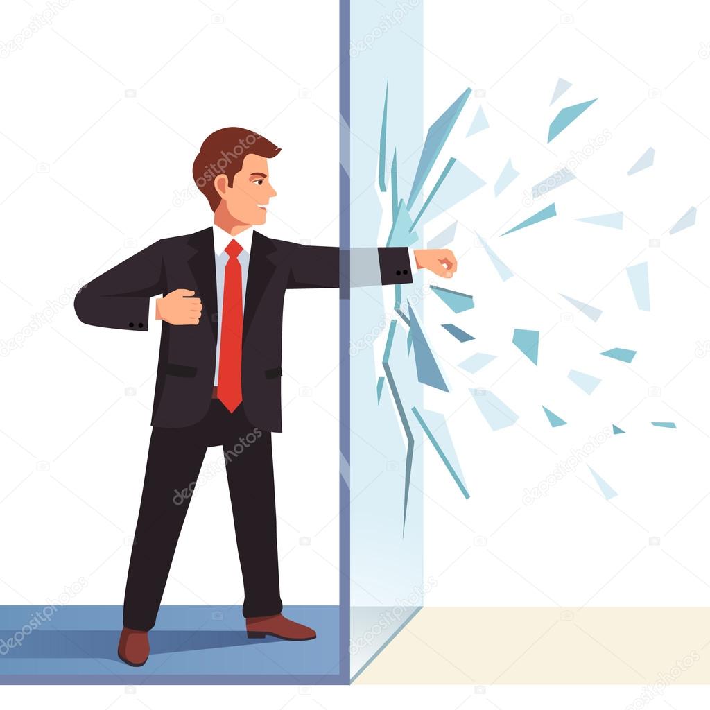 Businessman breaking  glass wall