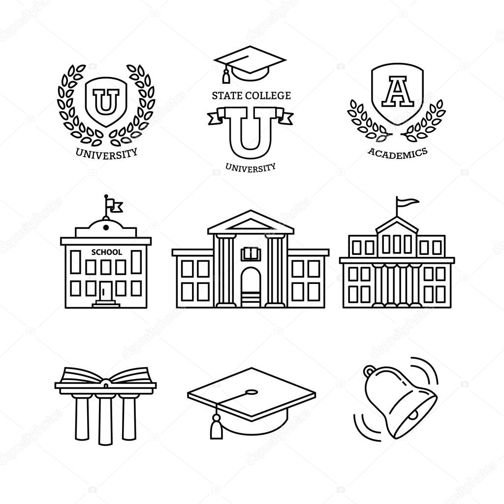 Mortar board, education, school, academy, college and university, library emblems and buildings. Thin line art icons set. Modern black symbols isolated on white for infographics or web use.