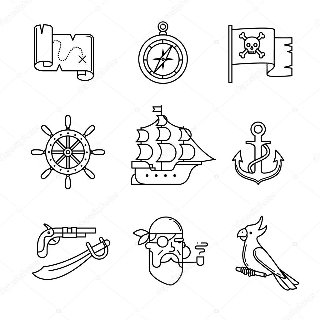 Pirate icons  line art set.