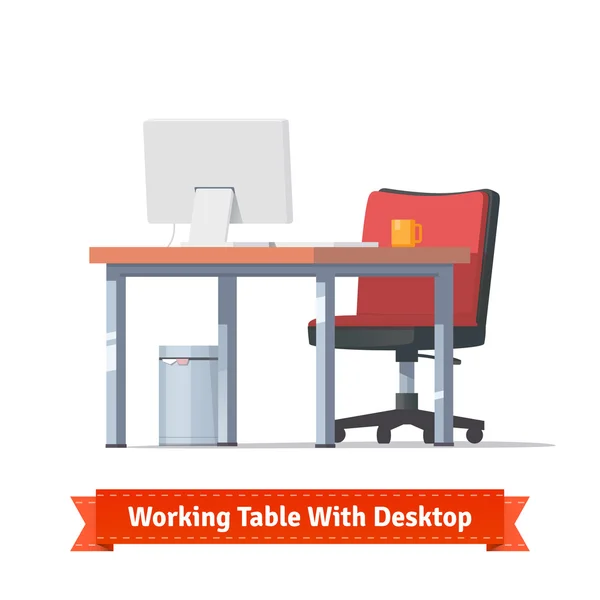 Lugar de trabajo con escritorio, silla de ruedas y una papelera — Vector de stock