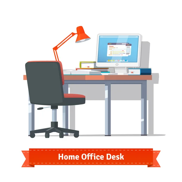 Tempat kerja rumah yang nyaman dengan desktop menyala - Stok Vektor