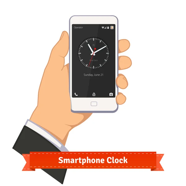 Mão segurando smartphone com widget de relógio redondo — Vetor de Stock