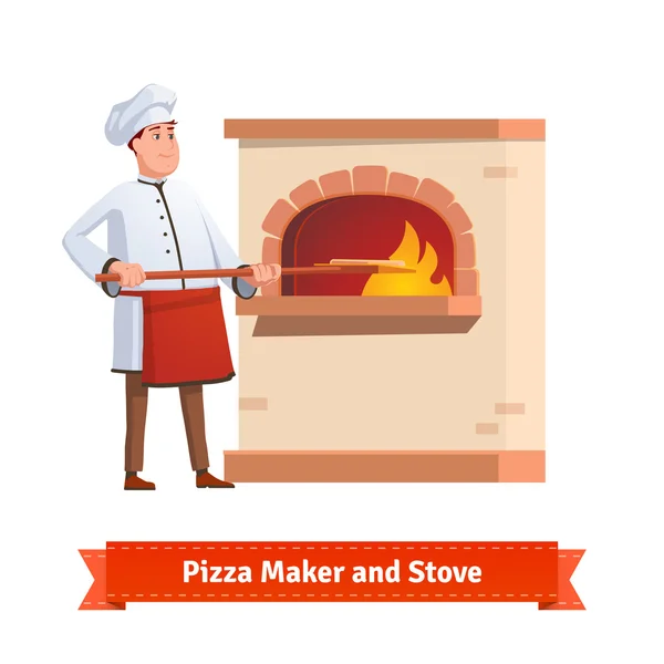 Chef cocinero poniendo pizza a un horno de piedra de ladrillo — Vector de stock