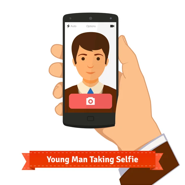 Young man taking selfie photo picture — 스톡 벡터