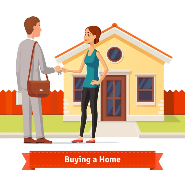 Uma mulher a comprar uma casa nova. Agente imobiliário — Vetor de Stock