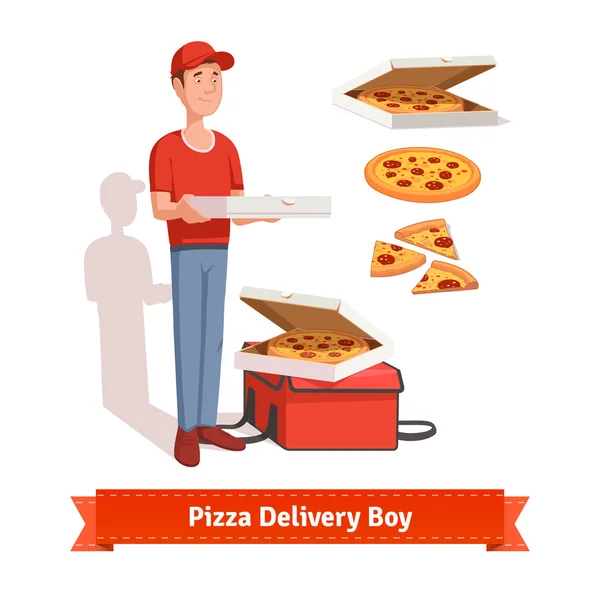 Delivery boy holding pizza cardboard box — Stockvector