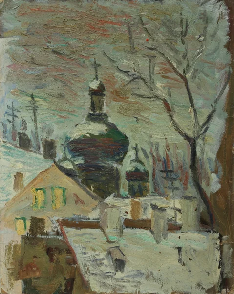 Hermosa pintura al óleo original paisaje de invierno con casas en la nieve, iglesia de madera, en tonos pastel — Foto de Stock
