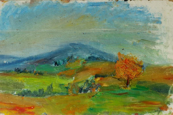 Antiguo paisaje de otoño pintura al óleo con montañas, árboles, cielo, puesta de sol — Foto de Stock