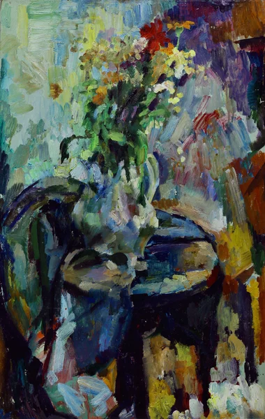 Pittura a olio nature morte con fiori in un vaso in colori vivaci in stile impressionista — Foto Stock