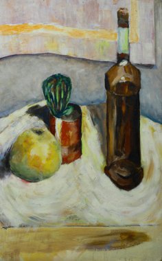 Kaktüs elma şişe alkol izlenimci tarzda Natürmort Yağlıboya Resim