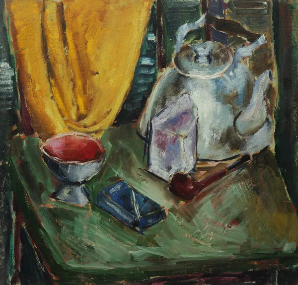 Oil painting still life with  tea, cigarettes, tobacco, glass, curtain, crib