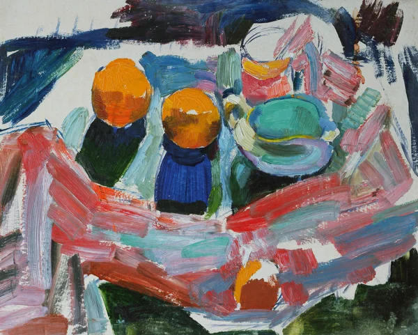 Pittura a olio nature morte con pesche e stoffa in colori vivaci — Foto Stock