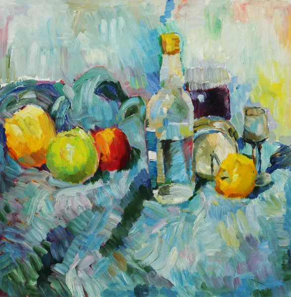 Pintura al óleo. Bodegón con botella y manzanas — Foto de Stock