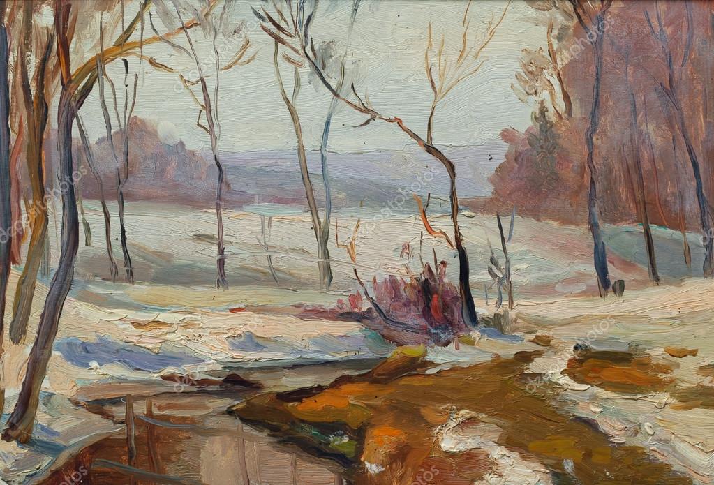 Belle peinture à l'huile originales du paysage d'hiver sur toile