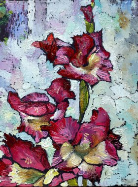 Oil painting still life with  purple  irises flowers