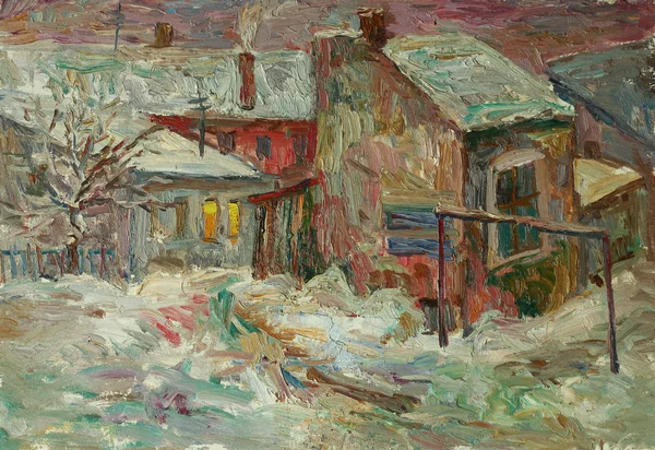 Beautiful bright colors  winter Original Oil Painting of street — Stok fotoğraf